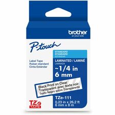 Brother Genuine P-touch TZe111 BK on CLR Label Tape, Laminated, 6mmX8m x 15/64" Width - Clear - Water Resistant - Laminated - Durable, Abrasion Resistant, Chemical Resistant, Grease Resistant, Grime Resistant, Temperature Resistant, Fade Resistant, Split