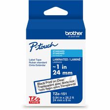 Brother Genuine P-touch TZe151 BK on CLR Label Tape, Laminated, 24mmX8m x 15/16" Width - Clear - Water Resistant - Laminated - Durable, Abrasion Resistant, Chemical Resistant, Grease Resistant, Grime Resistant, Temperature Resistant, Fade Resistant, Split