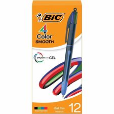 BIC 4-Colours-in-One Multifunction Ball Pen 1 mm Medium, Conical Pen Point - Retractable - Multi Ink - Black Round, Blue Barrel - 1 Dozen
