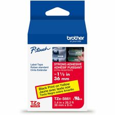 Brother Genuine P-touch TZeS661 BK on YL Label Tape, Strong Adhesive Lam., 36mmX8m x 1 27/64" Width - Yellow - Water Resistant - Laminated - Durable, Abrasion Resistant, Chemical Resistant, Grease Resistant, Grime Resistant, Temperature Resistant, Fade Re