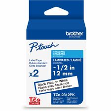 Brother Genuine P-touch TZe2312PK BK on WHT Label Tapes, Laminated, 12mmX8m each x 15/32" Width - White - Water Resistant - Laminated - Durable, Abrasion Resistant, Chemical Resistant, Grease Resistant, Grime Resistant, Temperature Resistant, Fade Resista
