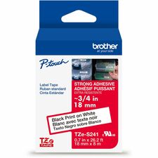 Brother Genuine P-touch TZeS241 BK on WHT Label Tape, Strong Adhesive Lam., 18mmX8m x 45/64" Width - White - Water Resistant - Laminated - Durable, Abrasion Resistant, Chemical Resistant, Grease Resistant, Grime Resistant, Temperature Resistant, Fade Resi