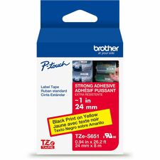 Brother Genuine P-touch TZeS651 BK on YL Label Tape, Strong Adhesive Lam., 24mmX8m x 15/16" Width - Yellow - Water Resistant - Laminated - Durable, Abrasion Resistant, Chemical Resistant, Grease Resistant, Grime Resistant, Temperature Resistant, Fade Resi