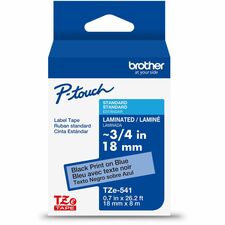 Brother Genuine P-touch TZe541 BK on BK Label Tape, Laminated, 18mmX8m x 45/64" Width - Blue - Water Resistant - Laminated - Durable, Abrasion Resistant, Chemical Resistant, Grease Resistant, Grime Resistant, Temperature Resistant, Fade Resistant, Split B