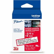 Brother Genuine P-touch TZeS141 BK on CLR Label Tape, Strong Adhesive Lam., 18mmX8m x 45/64" Width - Clear - Water Resistant - Laminated - Durable, Abrasion Resistant, Chemical Resistant, Grease Resistant, Grime Resistant, Temperature Resistant, Fade Resi