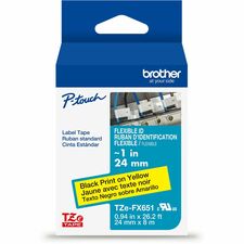 Brother Genuine P-touch TZeFX651 BK on YL Label Tape, Flexible ID Laminated, 24mmX8m x 15/16" Width - Yellow - Water Resistant - Laminated - Durable, Abrasion Resistant, Chemical Resistant, Grease Resistant, Grime Resistant, Temperature Resistant, Fade Re