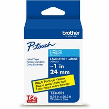 Brother Genuine P-touch TZe651 BK on YL Label Tape, Laminated, 24mmX8m x 15/16" Width - Yellow - Water Resistant - Laminated - Durable, Abrasion Resistant, Chemical Resistant, Grease Resistant, Grime Resistant, Temperature Resistant, Fade Resistant, Split