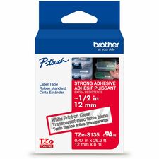 Brother Genuine P-touch TZeS135 WHT on CLR Label Tape, Strong Adhesive Lam., 12mmX8m x 15/32" Width - Clear - Water Resistant - Laminated - Durable, Abrasion Resistant, Chemical Resistant, Grease Resistant, Grime Resistant, Temperature Resistant, Fade Res