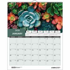 House of Doolittle Recycled Succulent & Cacti Wall Calendar Monthly - 12 Month - January 2026 to December 2026 - 1 Month Single Page Layout - 11" x 14" Sheet Size - 2" x 1.40" Block - Wire Bound - Wall Mount - Multi - Paper - Monthly Calendar, Holiday Lis