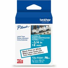 Brother Genuine P-touch TZeFX241 BK on WHT Label Tape, Flexible ID Laminated, 18mmX8m x 45/64" Width - White - Water Resistant - Laminated - Durable, Abrasion Resistant, Chemical Resistant, Grease Resistant, Grime Resistant, Temperature Resistant, Fade Re