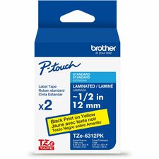 Brother Genuine P-touch TZe6312PK BK on YL Label Tapes, Laminated, 12mmX8m each x 15/32" Width - Yellow - Water Resistant - Laminated - Durable, Abrasion Resistant, Chemical Resistant, Grease Resistant, Grime Resistant, Temperature Resistant, Fade Resista