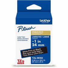 Brother Genuine P-touch TZeM355 WHT on BK Label Tape, Premium Matte Laminated, 24mmX8m x 15/16" Width - Matte Black - Water Resistant - Laminated - Durable, Abrasion Resistant, Chemical Resistant, Grease Resistant, Grime Resistant, Temperature Resistant,