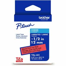 Brother Genuine P-touch TZe431 BK on RD Label Tape, Laminated, 12mmX8m x 15/32" Width - Red - Water Resistant - Laminated - Durable, Abrasion Resistant, Chemical Resistant, Grease Resistant, Grime Resistant, Temperature Resistant, Fade Resistant, Split Ba