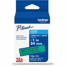 Brother Genuine P-touch TZe751 BK on GRN Label Tape, Laminated, 24mmX8m x 15/16" Width - Green - Water Resistant - Laminated - Durable, Abrasion Resistant, Chemical Resistant, Grease Resistant, Grime Resistant, Temperature Resistant, Fade Resistant, Split