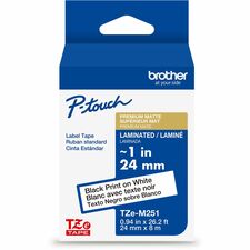 Brother Genuine P-touch TZeM251 BK on WHT Label Tape, Premium Matte Laminated, 24mmX8m x 15/16" Width - Matte White - Water Resistant - Laminated - Durable, Abrasion Resistant, Chemical Resistant, Grease Resistant, Grime Resistant, Temperature Resistant,