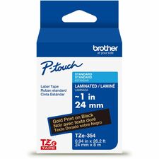 Brother Genuine P-touch TZe354 GLD on BK Label Tape, Laminated, 24mmX8m x 15/16" Width - Black - Water Resistant - Laminated - Durable, Abrasion Resistant, Chemical Resistant, Grease Resistant, Grime Resistant, Temperature Resistant, Fade Resistant, Split