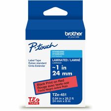 Brother Genuine P-touch TZe451 BK on RD Label Tape, Laminated, 24mmX8m x 15/16" Width - Red - Water Resistant - Laminated - Durable, Abrasion Resistant, Chemical Resistant, Grease Resistant, Grime Resistant, Temperature Resistant, Fade Resistant, Split Ba