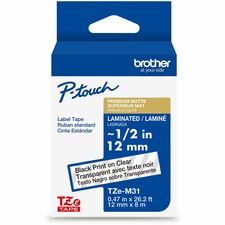 Brother Genuine P-touch TZeM31 BK on CLR Label Tape, Premium Matte Laminated, 12mmX8m x 15/32" Width - Matte Clear - Water Resistant - Laminated - Durable, Abrasion Resistant, Chemical Resistant, Grease Resistant, Grime Resistant, Temperature Resistant, F