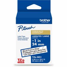 Brother Genuine P-touch TZeM51 BK on CLR Label Tape, Premium Matte Laminated, 24mmX8m x 15/16" Width - Matte Clear - Water Resistant - Laminated - Durable, Abrasion Resistant, Chemical Resistant, Grease Resistant, Grime Resistant, Temperature Resistant, F