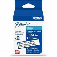 Brother Genuine P-touch TZe2412PK BK on WHT Label Tapes, Laminated, 18mmX8m each x 45/64" Width - White - Water Resistant - Laminated - Durable, Abrasion Resistant, Chemical Resistant, Grease Resistant, Grime Resistant, Temperature Resistant, Fade Resista