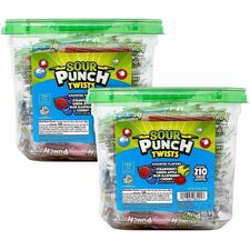 Green Rabbit Sour Punch Twists Fruit, Cherry, Watermelon, Apple, Blue Raspberry - Individually Wrapped - 210 Pieces/Tub - 2 / Carton