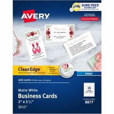 Avery® Clean Edge Business Cards 110 Brightness - 2" x 3 1/2" - 93 lb Basis Weight - 254 g/m² Grammage - Matte - Heavyweight, Rounded Corner, Smooth Edge, Jam-free, Smudge-free, Double-sided, Avery Clean Edge Technology - White - 40 Sheets - 400