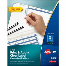 Avery® Print & Apply Label Unpunched Dividers - Index Maker Easy Apply Label Strip 75 x Divider(s) - 3 Blank Tab(s) - 3 Tab(s)/Set - 8.5" Divider Width x 11" Divider Length - Letter - White Paper Divider - White Tab(s) - 20% Recycled - Unpunched, Rein
