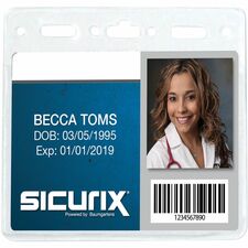 SICURIX Badge Holder Horizontal - 4" Height x 3" Width - Vinyl - Clear - Sturdy, Transparent Design - 50 / Pack