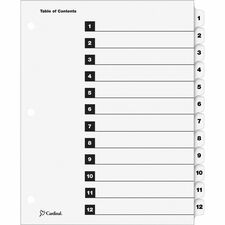 Cardinal® OneStep Numbered Index System 12 x Divider(s) - Printed Tab(s) - Digit - 1-12 - 12 Tab(s)/Set - 9" Divider Width x 11" Divider Length - Letter - 8.50" Width x 11" Length - 3 Hole Punched - White Divider - White Mylar Tab(s) - Reinforced Tab,