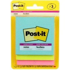 Post-it® Super Sticky Notes - Supernova Neons Color Collection 135 - 3" Flag/Note Width x 3" Flag/Note Length - Square - 45 Sheets per Pad - Unruled - Aqua Splash, Acid Lime, Tropical Pink - Paper - Self-adhesive - 3 / Pack