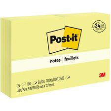 Post-it® Notes Value Pack 100 - 3" Flag/Note Width x 5" Flag/Note Length - Rectangle - Unruled - Canary - Self-adhesive - 24 / Pack