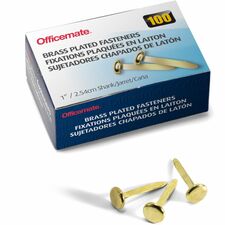 Officemate Round Head Fasteners 1" Shank - 0.38" Head - Brass - 100 / Box