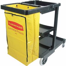 Rubbermaid Commercial Janitor Cart With Zipper Yellow Vinyl Bag 3 Shelf - 4" , 8" Caster Size - 21.75" Width x 46" Depth x 38.38" Height - Black - 1 Each