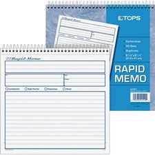 TOPS Rapid Memo Book Spiral Bound - 2 Part - Carbonless Copy - 8.50" x 7.75" Sheet Size - Assorted Sheet(s) - 1 Each