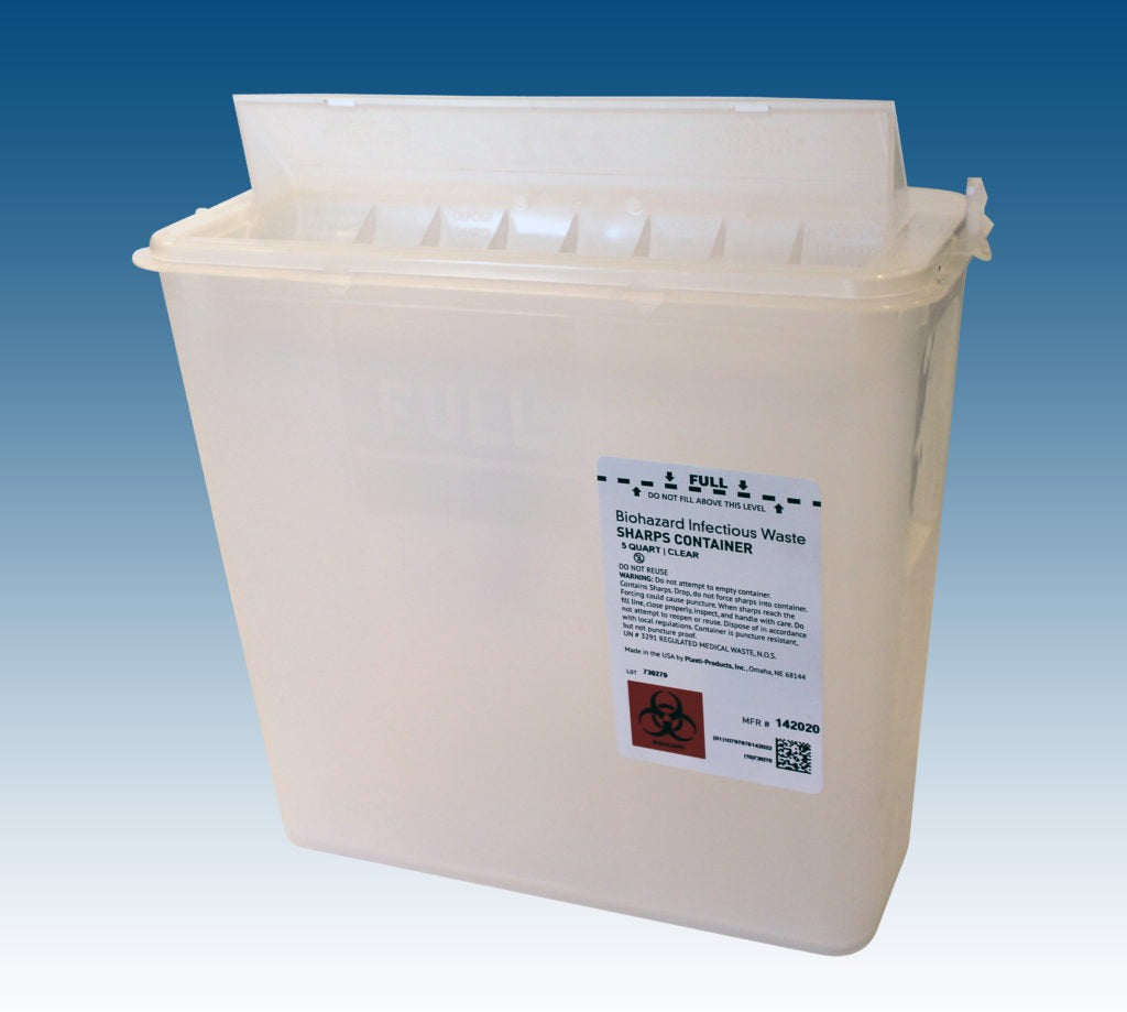 5 QT Sharps Container, Clear, Packed 10 per Dispenser Box, 4 ¾”D x 10 ½”W x 10 ¾”H
