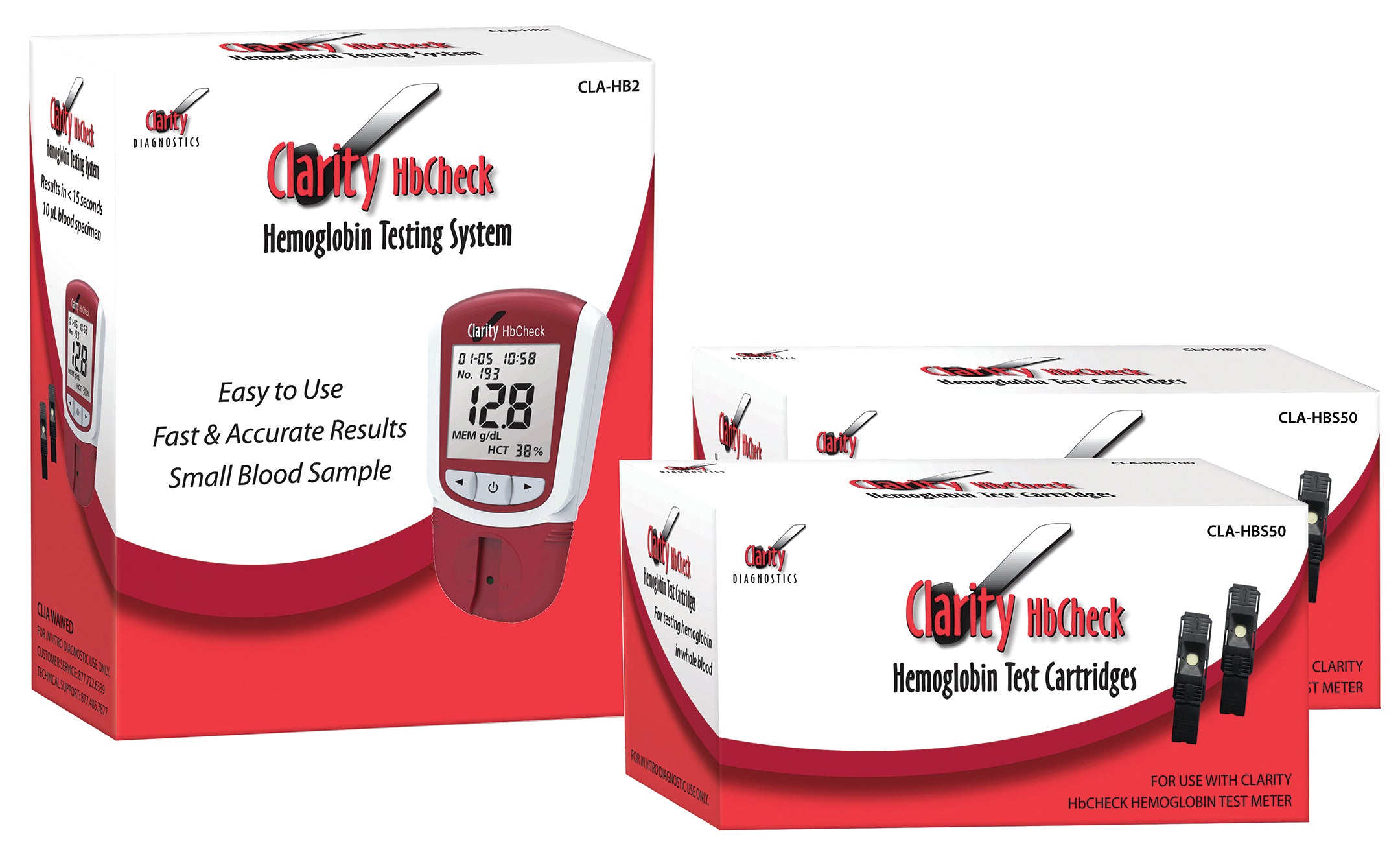 Clarity HbCheck Hemoglobin Meter Promo "CLIA Waived" - Includes one Hemoglobin Meter, Quick Start and Reference Guides, and Manual AND 100 Test Catridges