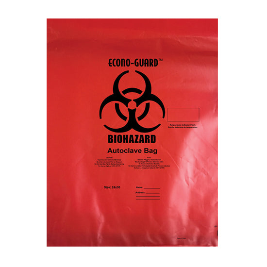 Econo-Guard Polypropylene Biohazard Autoclave Bag, 25W x 35H, 2 MIL, Indicator, Red, Biohazard Print