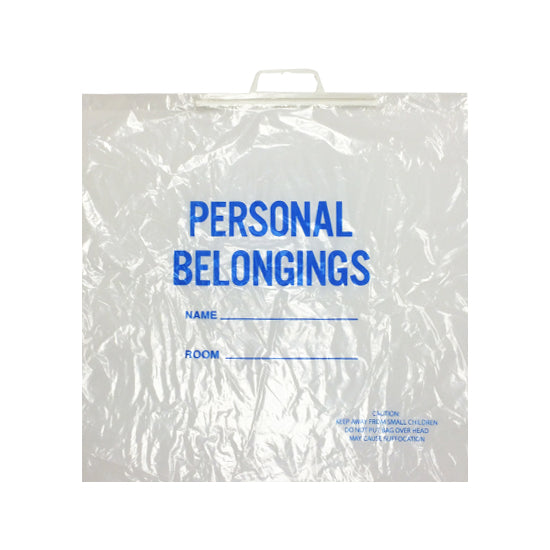 Patient Belonging Bag, 20W x 20H, 1.25 MIL, Rigid Handle, Clear Film , Blue Imprint