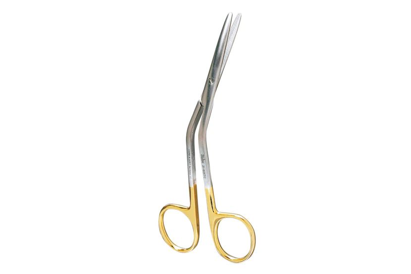 Fomon Dorsal Scissors 5-1/2 - Angled Handles - One Blade Serrated