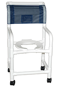 Shower chair 18" internal width, 3" twin casters, flatstock seat w/drain holes, for uni-lateral or bi-lateral below knee amputee 300 lbs wt cap