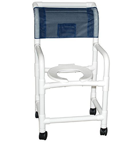 Shower chair 18" internal width, open front seat, 3" twin casters, folding footrest , privacy skirt and commode pail 300 lbs wt cap