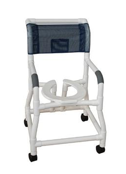 Shower chair 18" internal width, 3" twin casters, flared stability with w/ reverse open seat, 300 lbs wt cap
