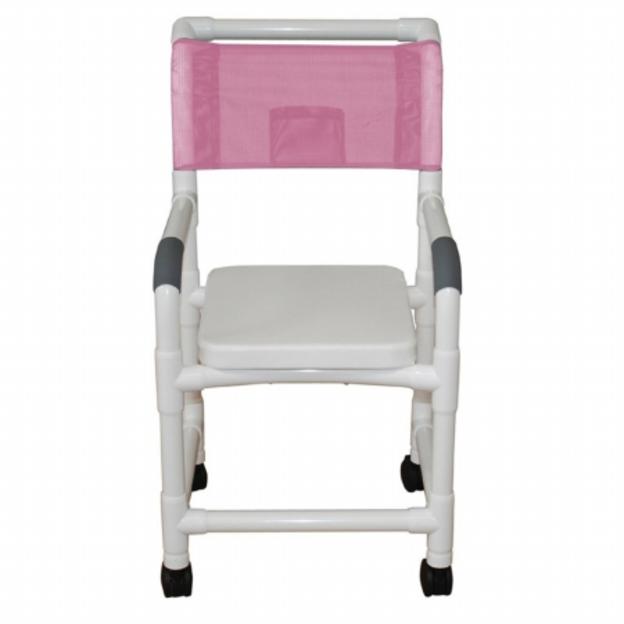 Shower chair 18" internal width,open front seat, 3" twin casters, high back and soft seat complete--no commode opening, 300 lbs wt cap