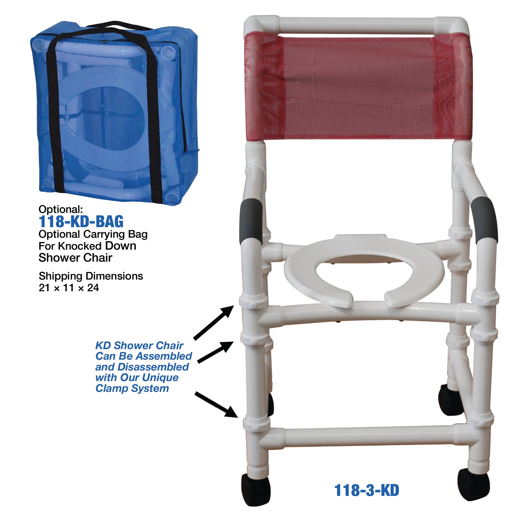 Knocked Down Standard Shower Chair, 18" Internal Width, 3" Twin Casters, Open Front Seat, 300 Lbs Weight Capacityacity