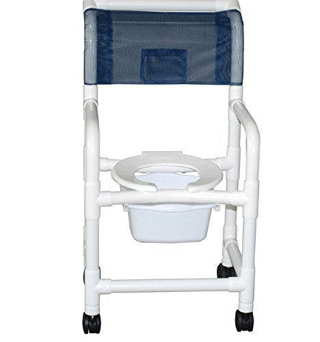Shower chair 18" internal width, 3" twin casters true vertical open front , with double drop arms and 10 qt slide out commode pail, 300 lbs wt cap