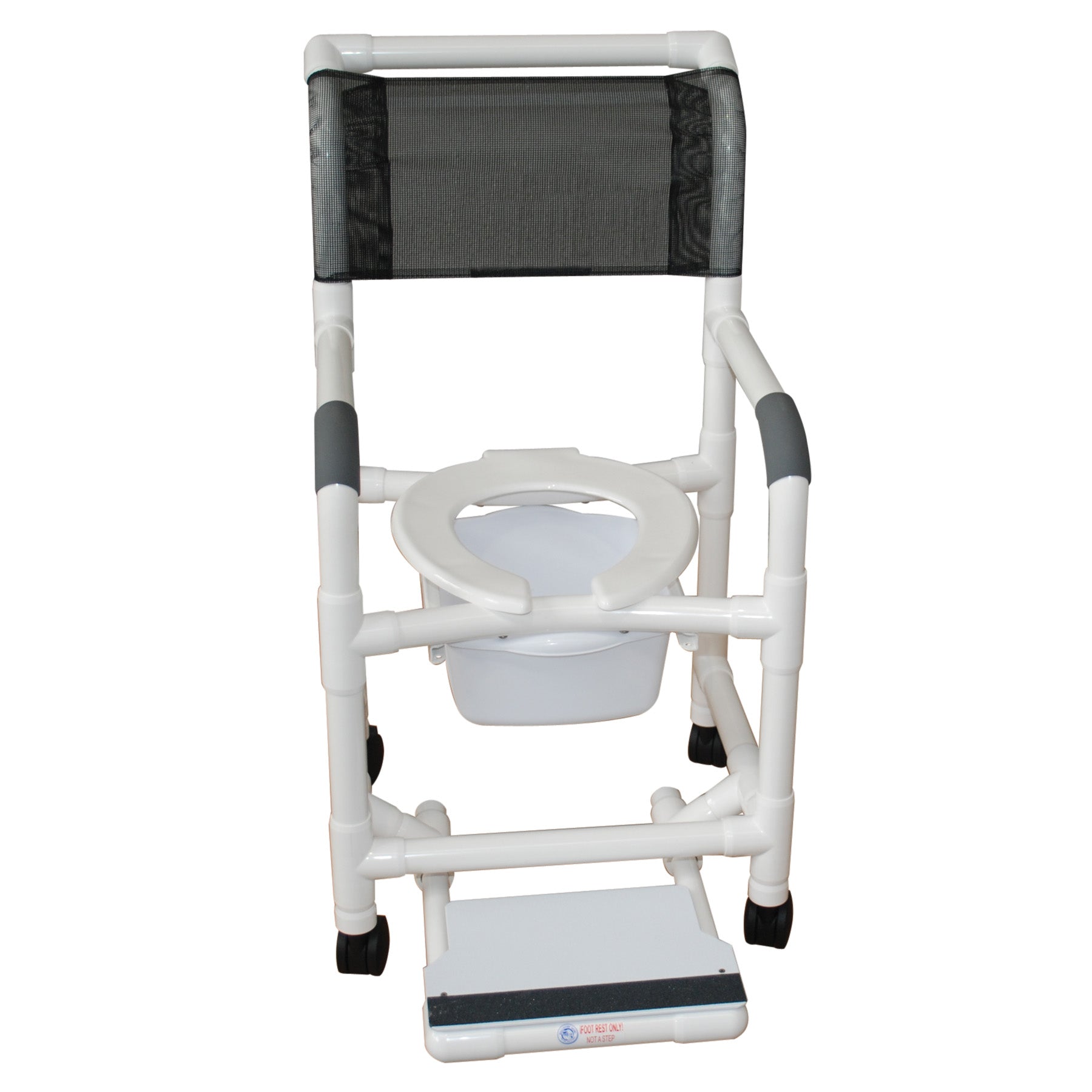 Shower chair 18" internal width, open front seat, 3" twin casters, sliding footrest and 10 qt slide out commode pail 300LBS