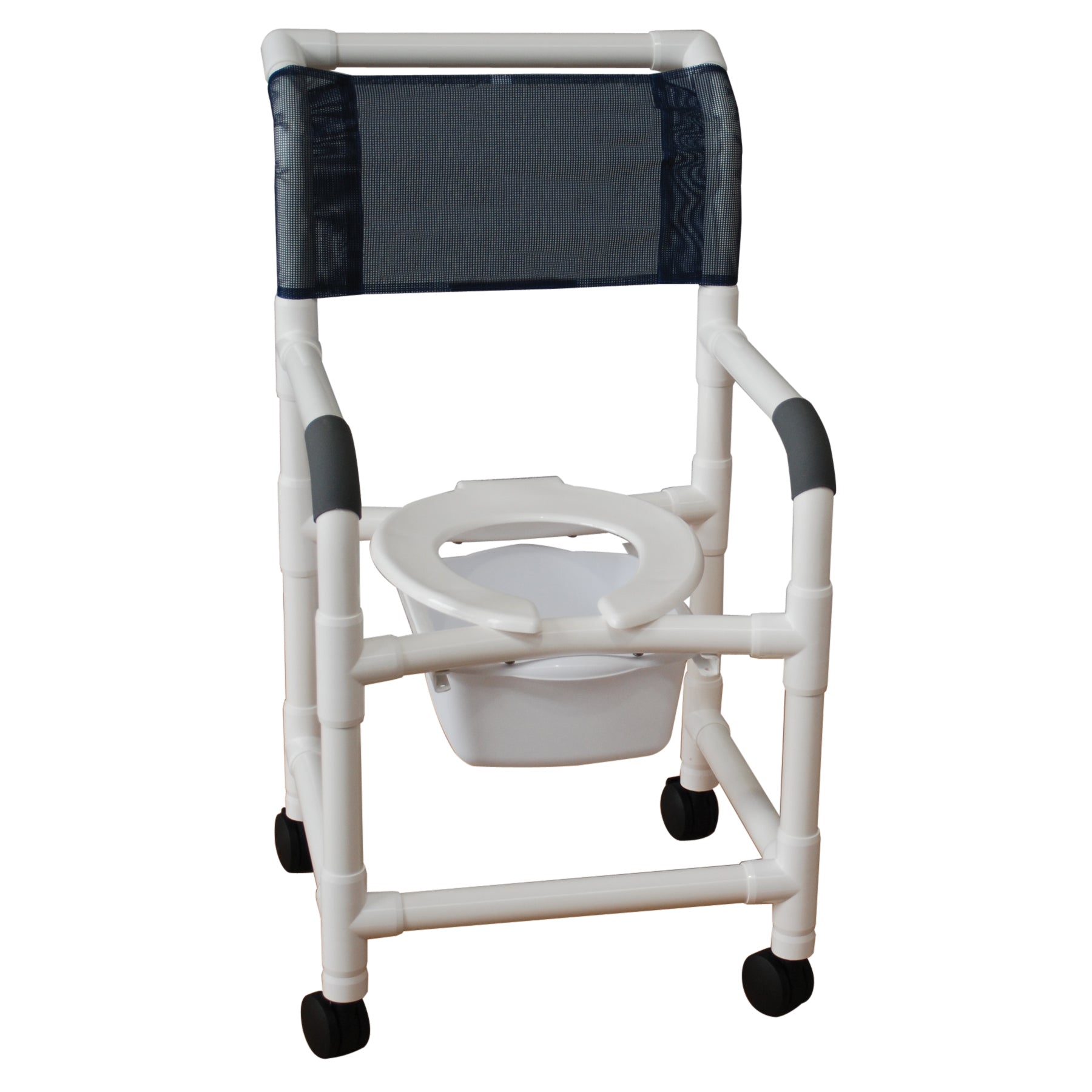Shower chair 18" internal width, open front seat, 3" twin casters, 10 quart commode pail, 300 LBS
