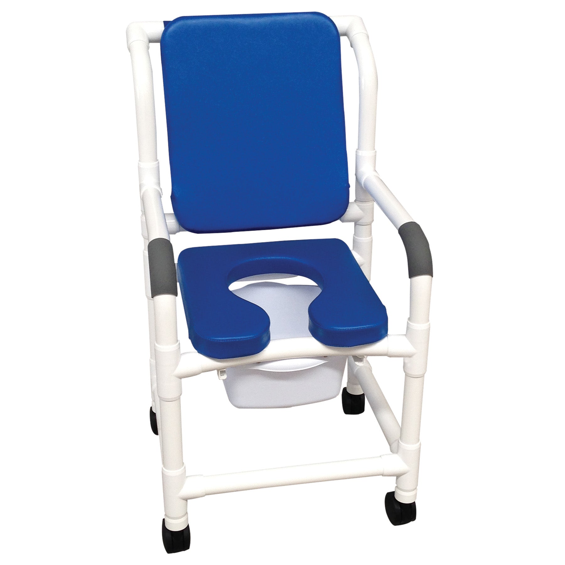 Shower chair 18" internal width, 3" twin casters, with deluxe elongated open front soft seat blue, cushioned padded back blue, 10 qt slide out commode pail 300 lbs wt cap