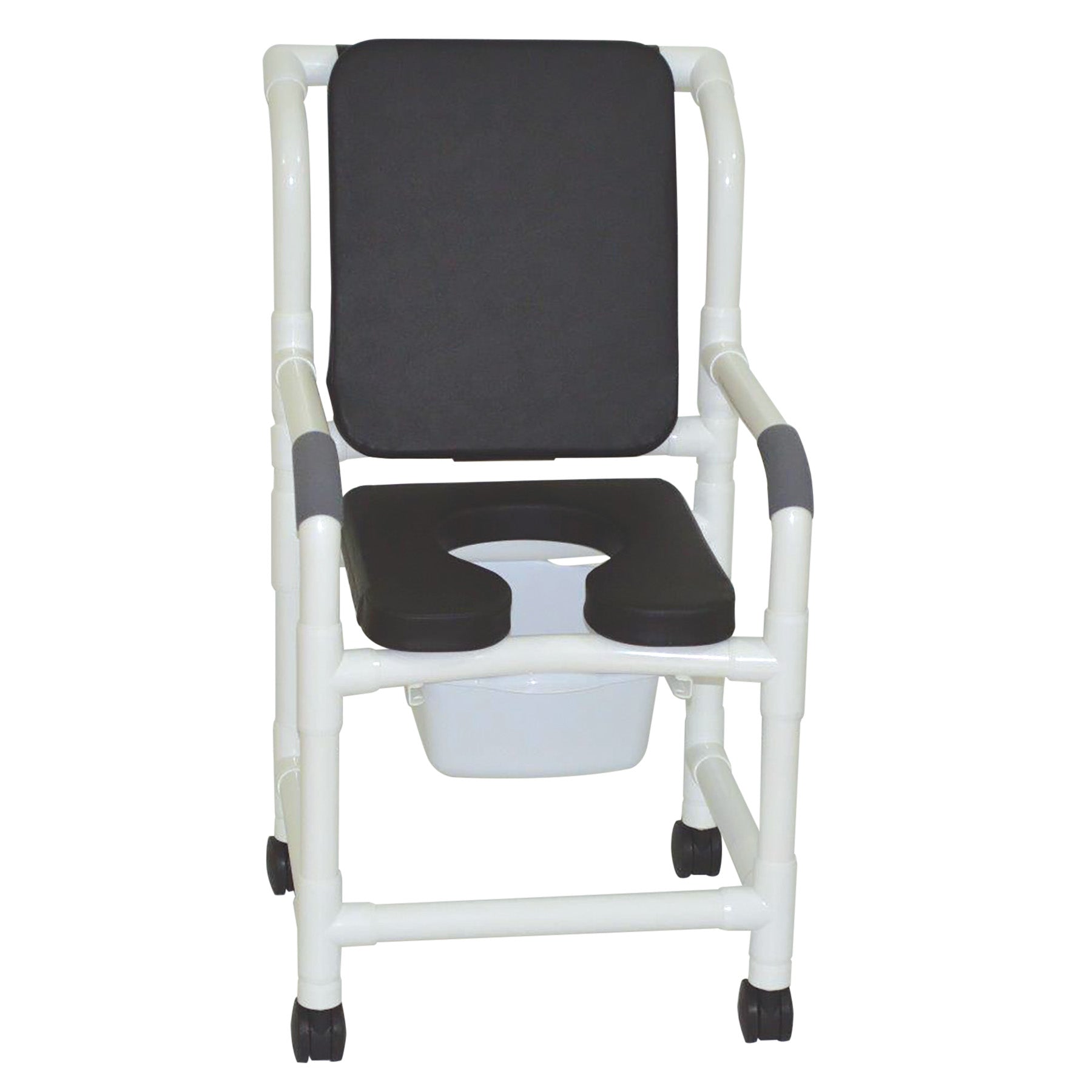 Shower chair 18" internal width, 3" twin casters, with deluxe elongated open front soft seat black, cushioned padded back black, 10 qt slide out commode pail 300 lbs wt cap