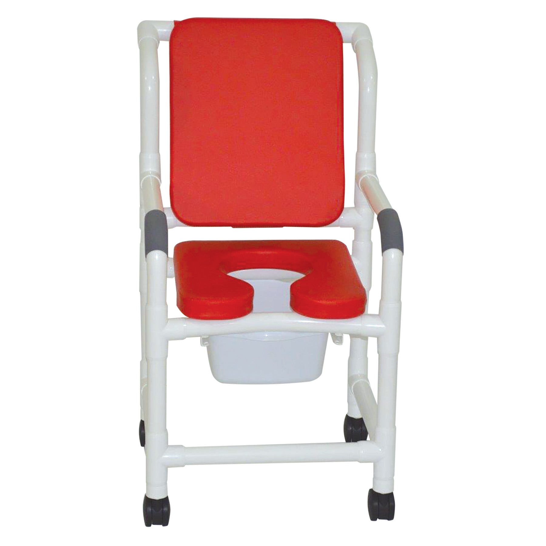 Shower chair 18" internal width, 3" twin casters, with deluxe elongated open front soft seat red, cushioned padded back red, 10 qt slide out commode pail 300 lbs wt cap